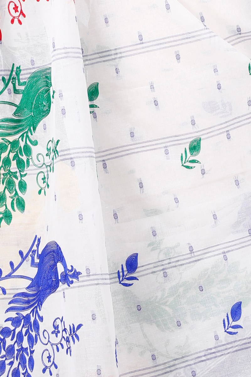 Blue White Pure Cotton Embi Boysko Moyur Tant Embroidery (1454)