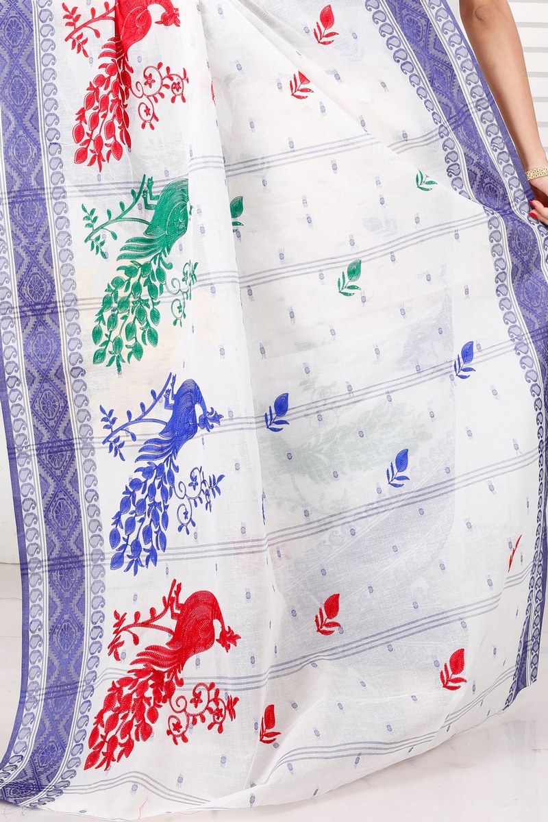 Blue White Pure Cotton Embi Boysko Moyur Tant Embroidery (1454)