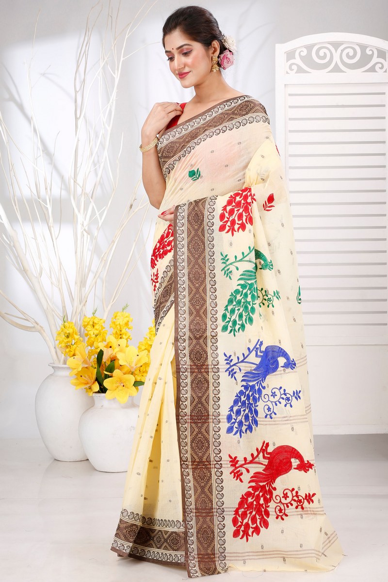 Brown White Pure Cotton Embi Boysko Moyur Tant Embroidery (1455)