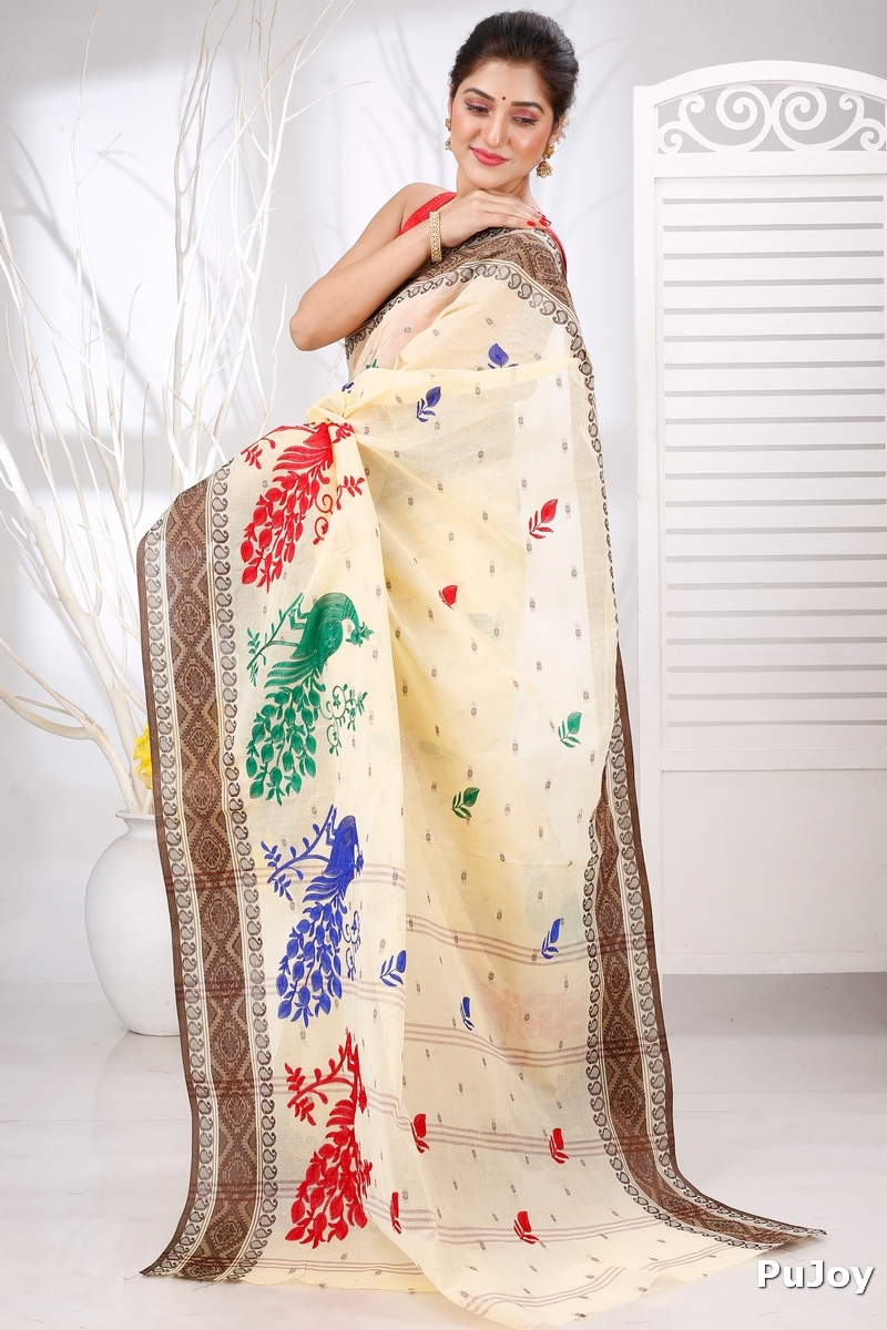 Brown White Pure Cotton Embi Boysko Moyur Tant Embroidery (1455)