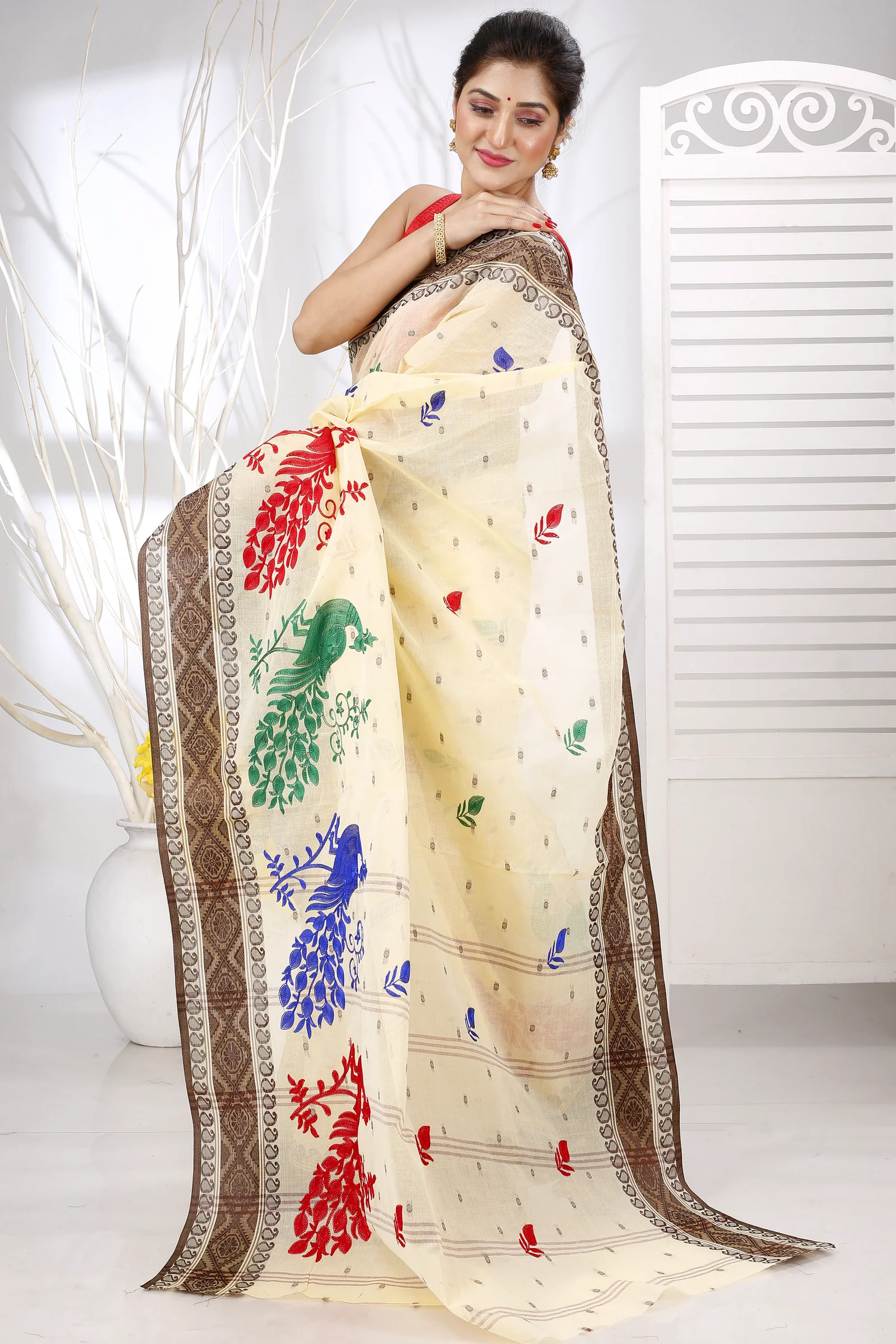 Brown White Pure Cotton Embi Boysko Moyur Tant Embroidery (1455)