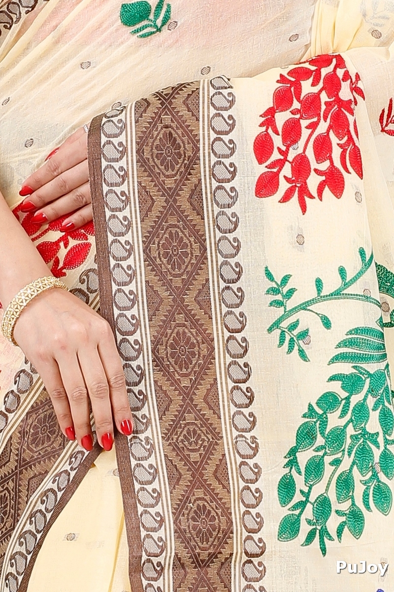 Brown White Pure Cotton Embi Boysko Moyur Tant Embroidery (1455)