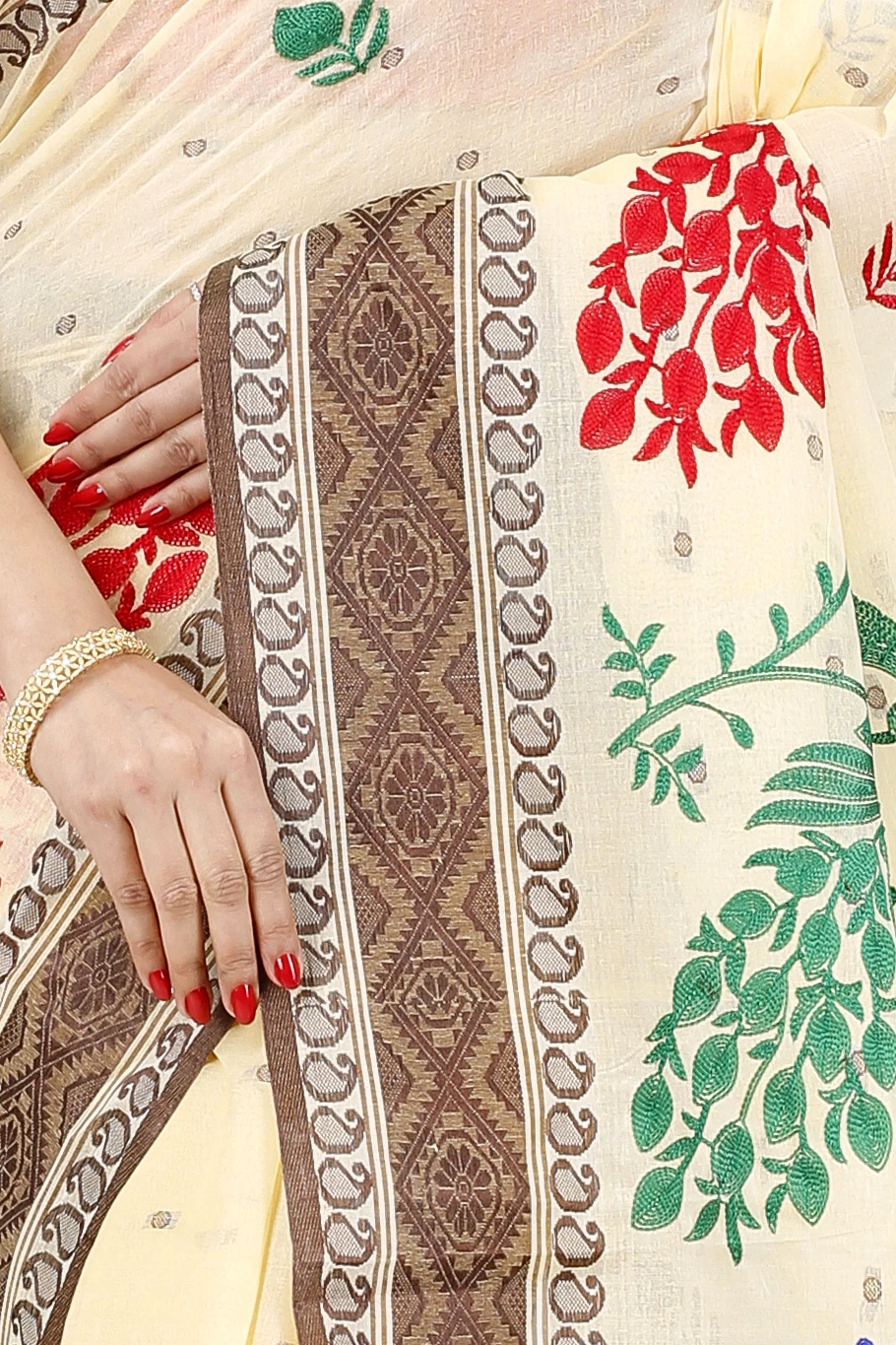 Brown White Pure Cotton Embi Boysko Moyur Tant Embroidery (1455)