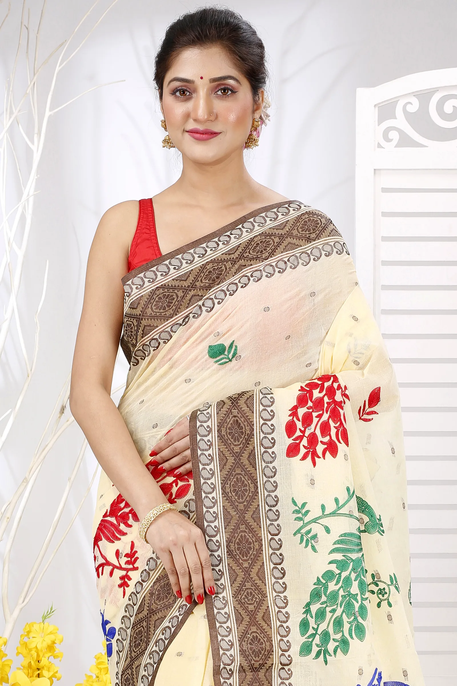 Brown White Pure Cotton Embi Boysko Moyur Tant Embroidery (1455)