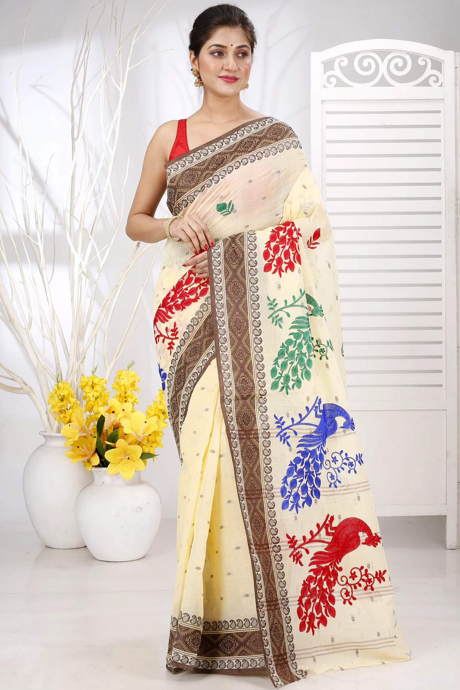 Brown White Pure Cotton Embi Boysko Moyur Tant Embroidery (1455)