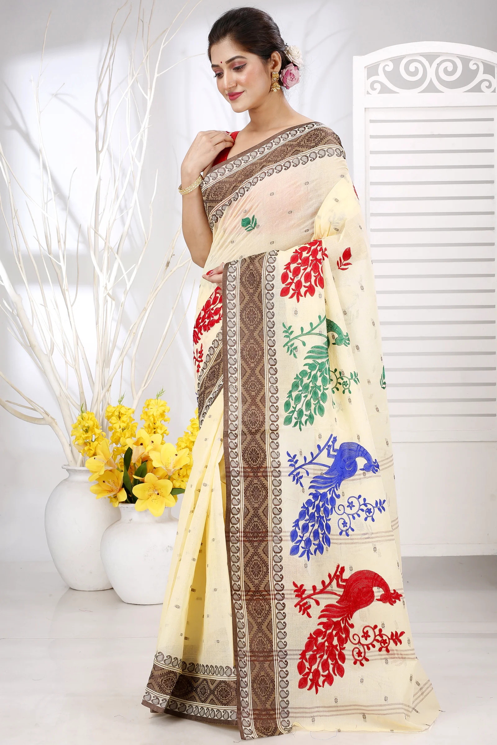 Brown White Pure Cotton Embi Boysko Moyur Tant Embroidery (1455)