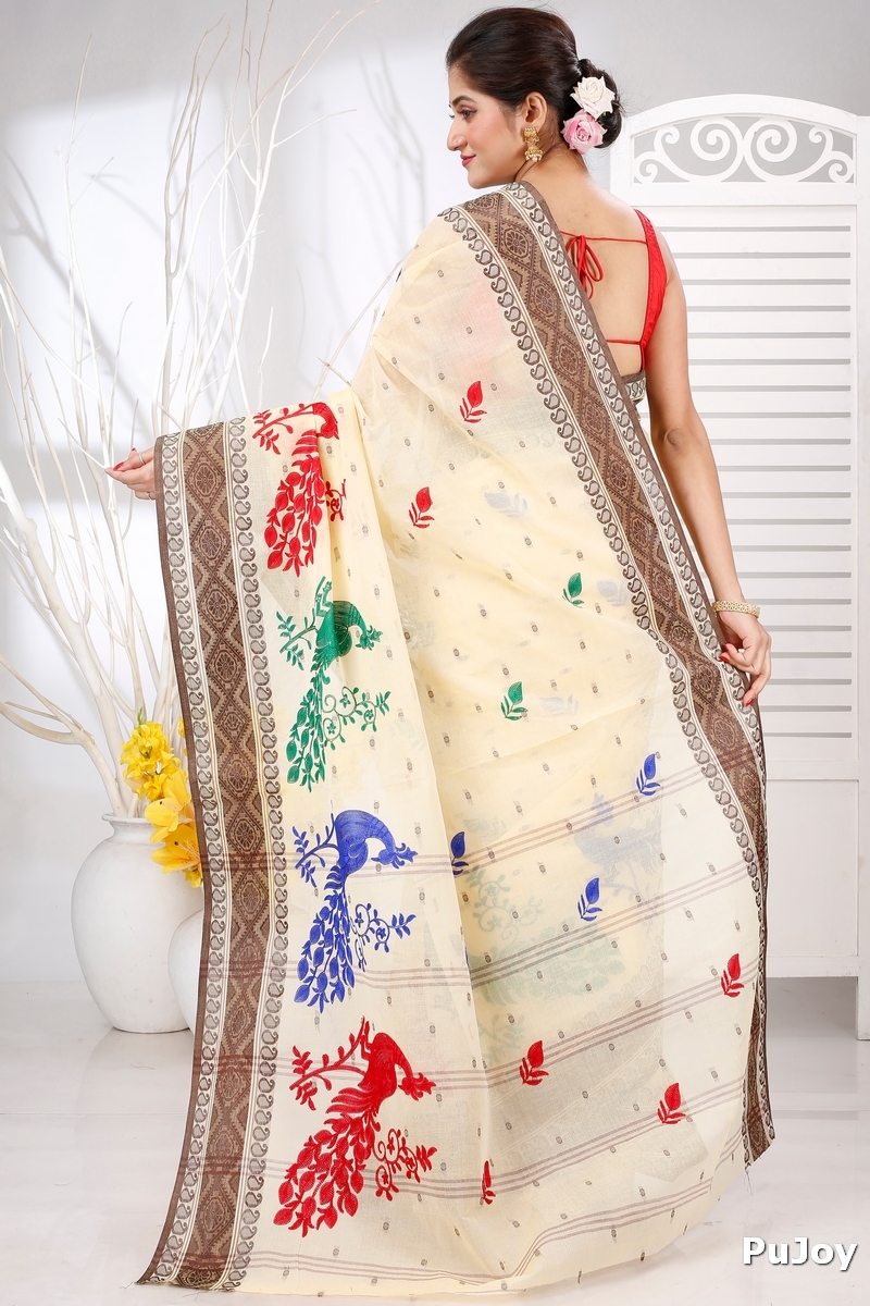 Brown White Pure Cotton Embi Boysko Moyur Tant Embroidery (1455)
