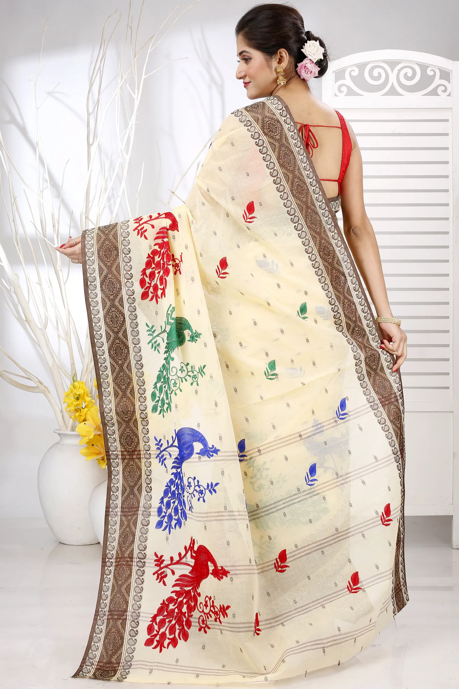 Brown White Pure Cotton Embi Boysko Moyur Tant Embroidery (1455)