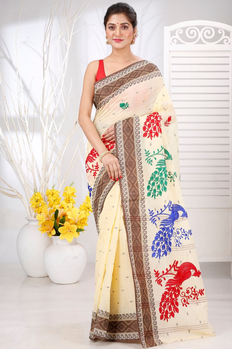 Brown White Pure Cotton Embi Boysko Moyur Tant Embroidery (1455)