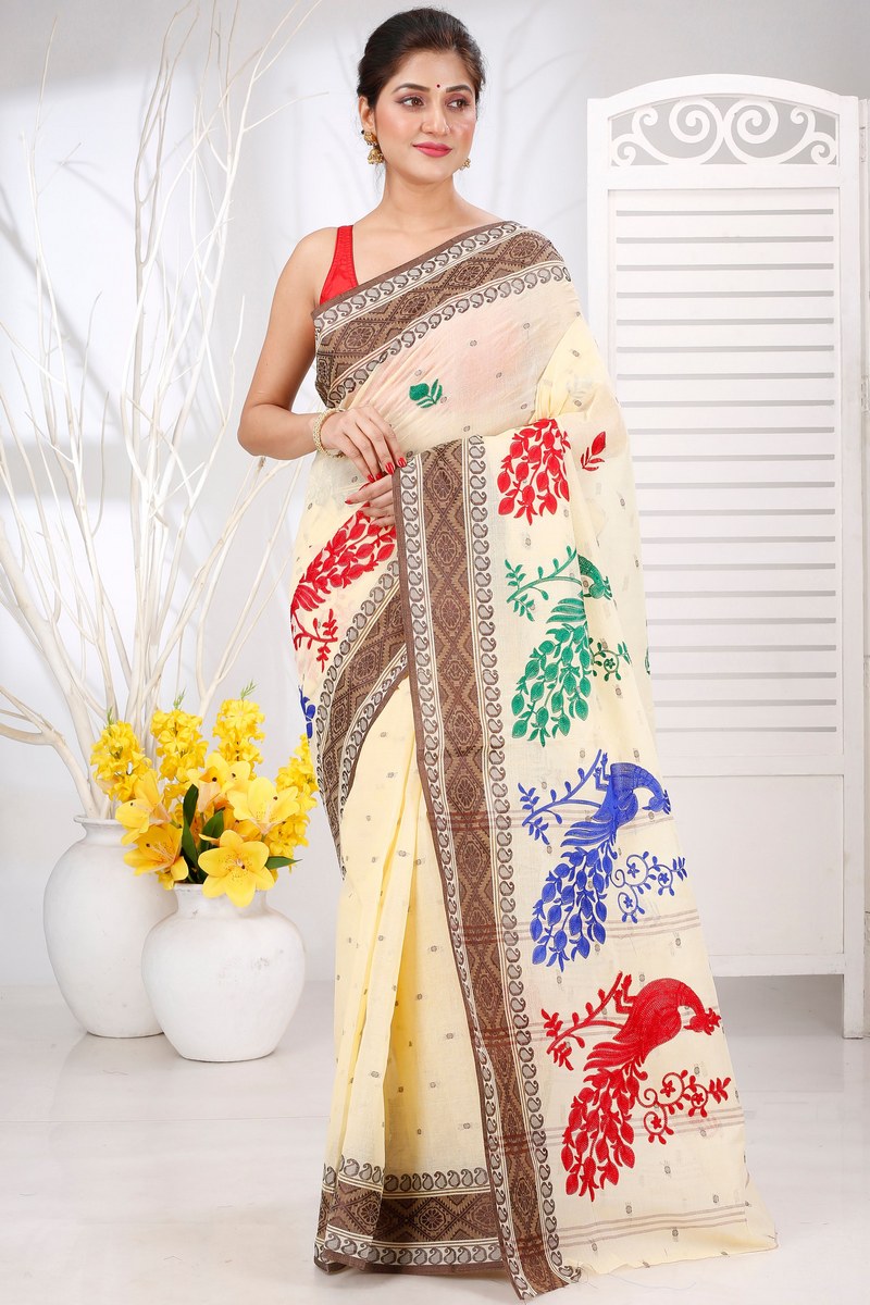 Brown White Pure Cotton Embi Boysko Moyur Tant Embroidery (1455)