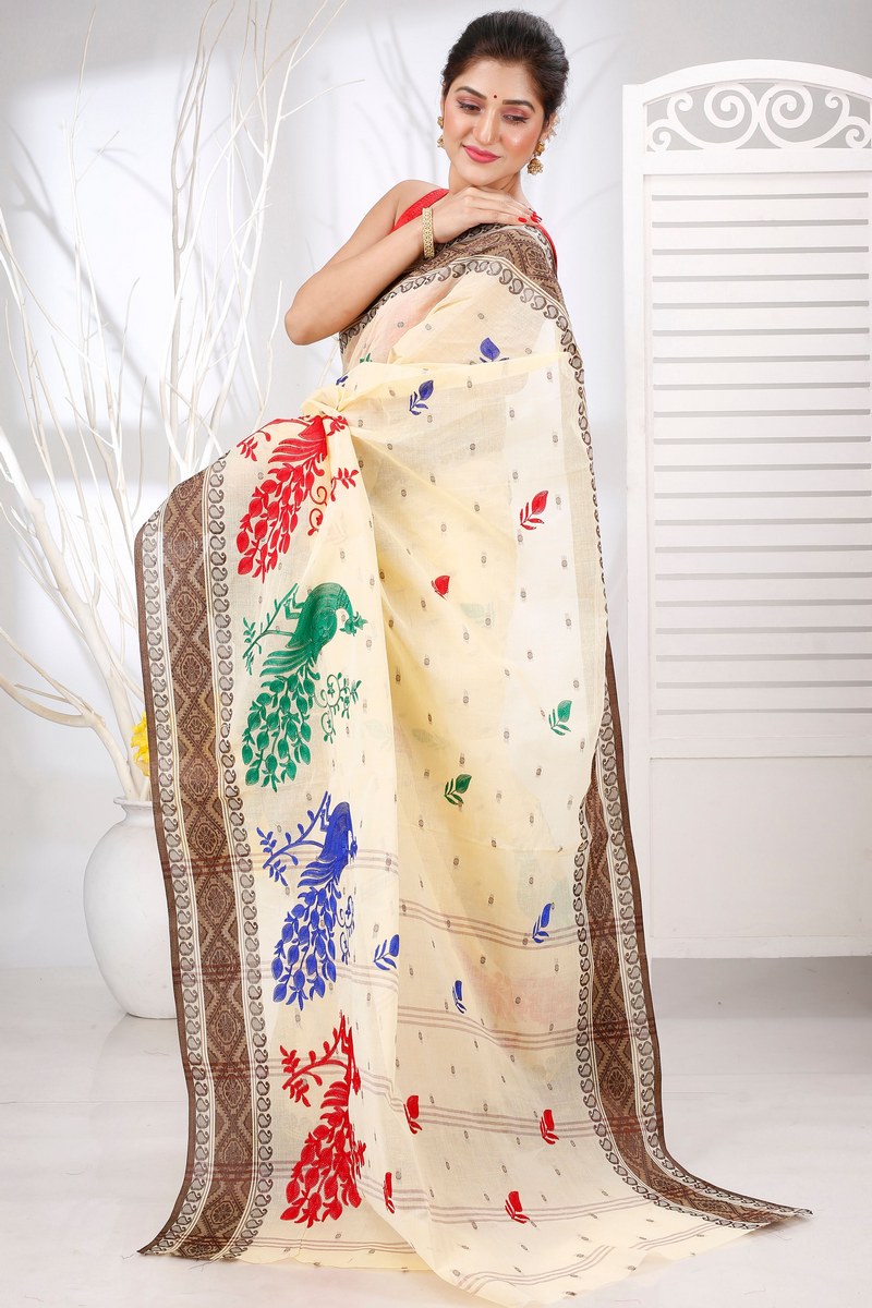 Brown White Pure Cotton Embi Boysko Moyur Tant Embroidery (1455)