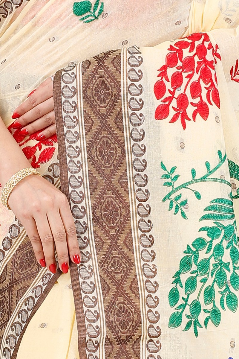 Brown White Pure Cotton Embi Boysko Moyur Tant Embroidery (1455)