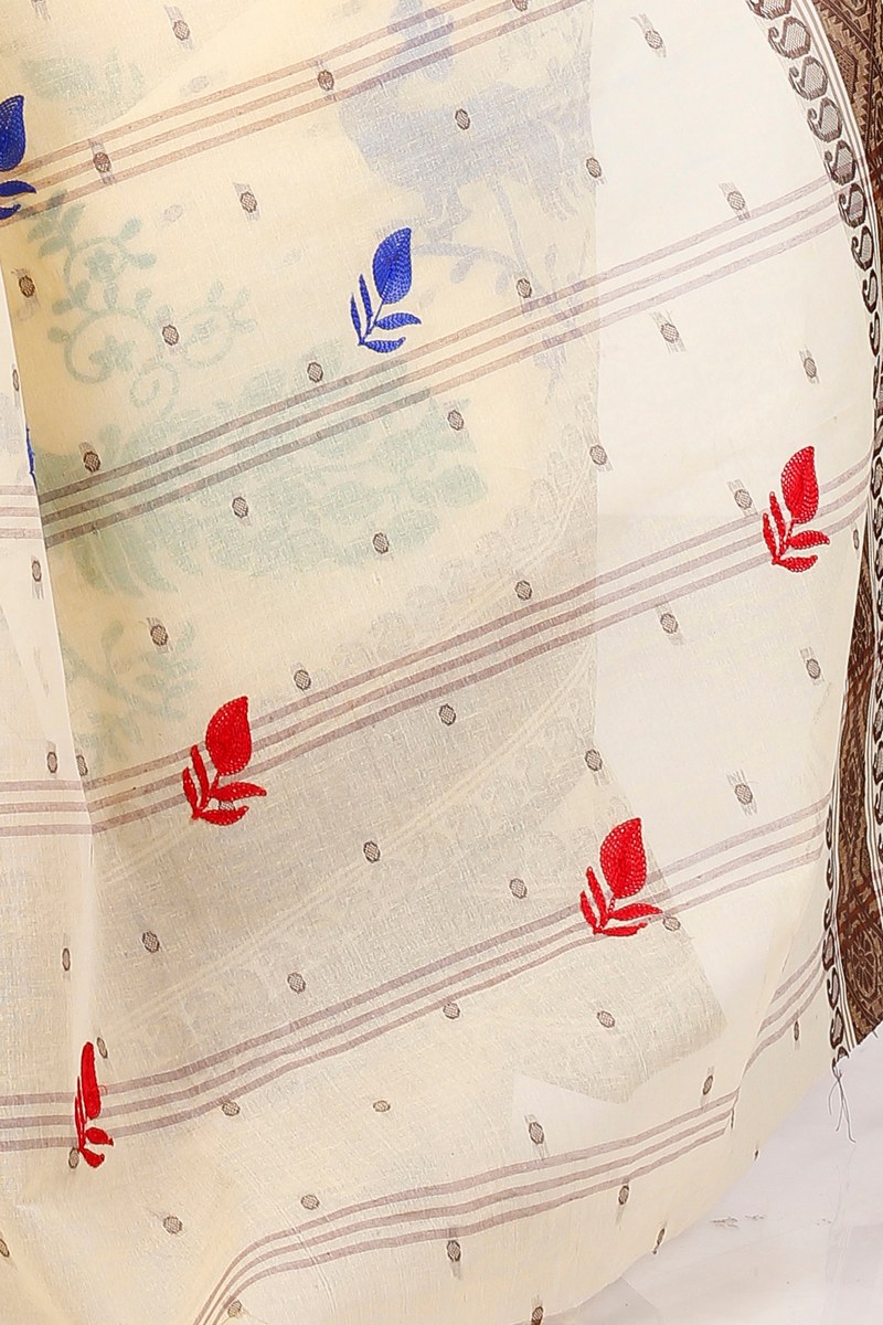 Brown White Pure Cotton Embi Boysko Moyur Tant Embroidery (1455)