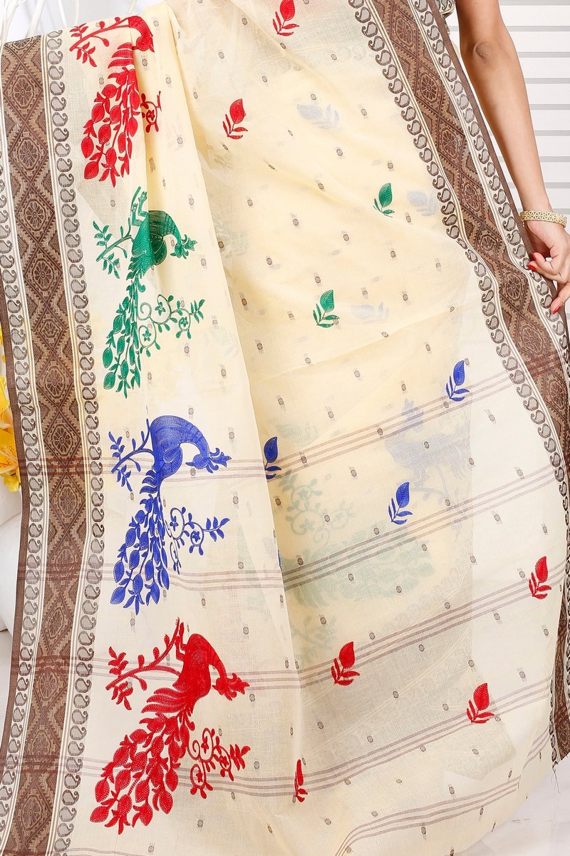 Brown White Pure Cotton Embi Boysko Moyur Tant Embroidery (1455)