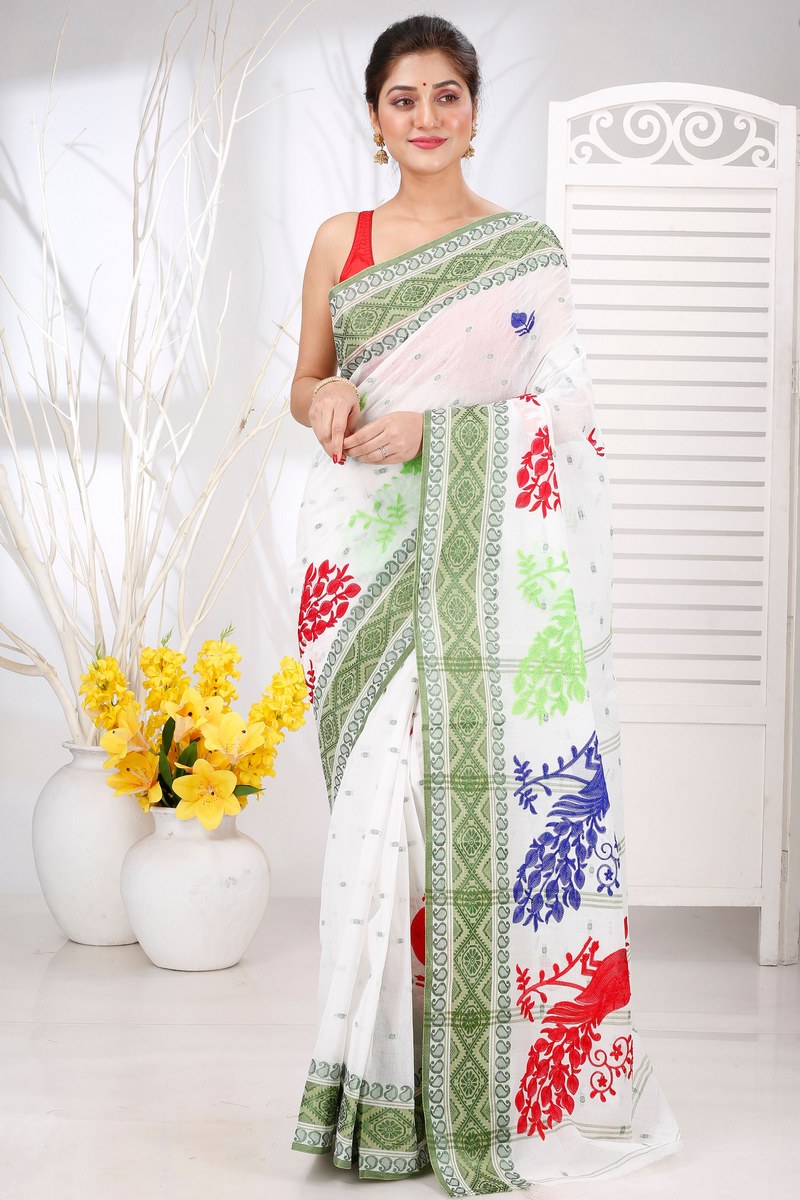 Green White Pure Cotton Embi Boysko Moyur Tant Embroidery (1456)