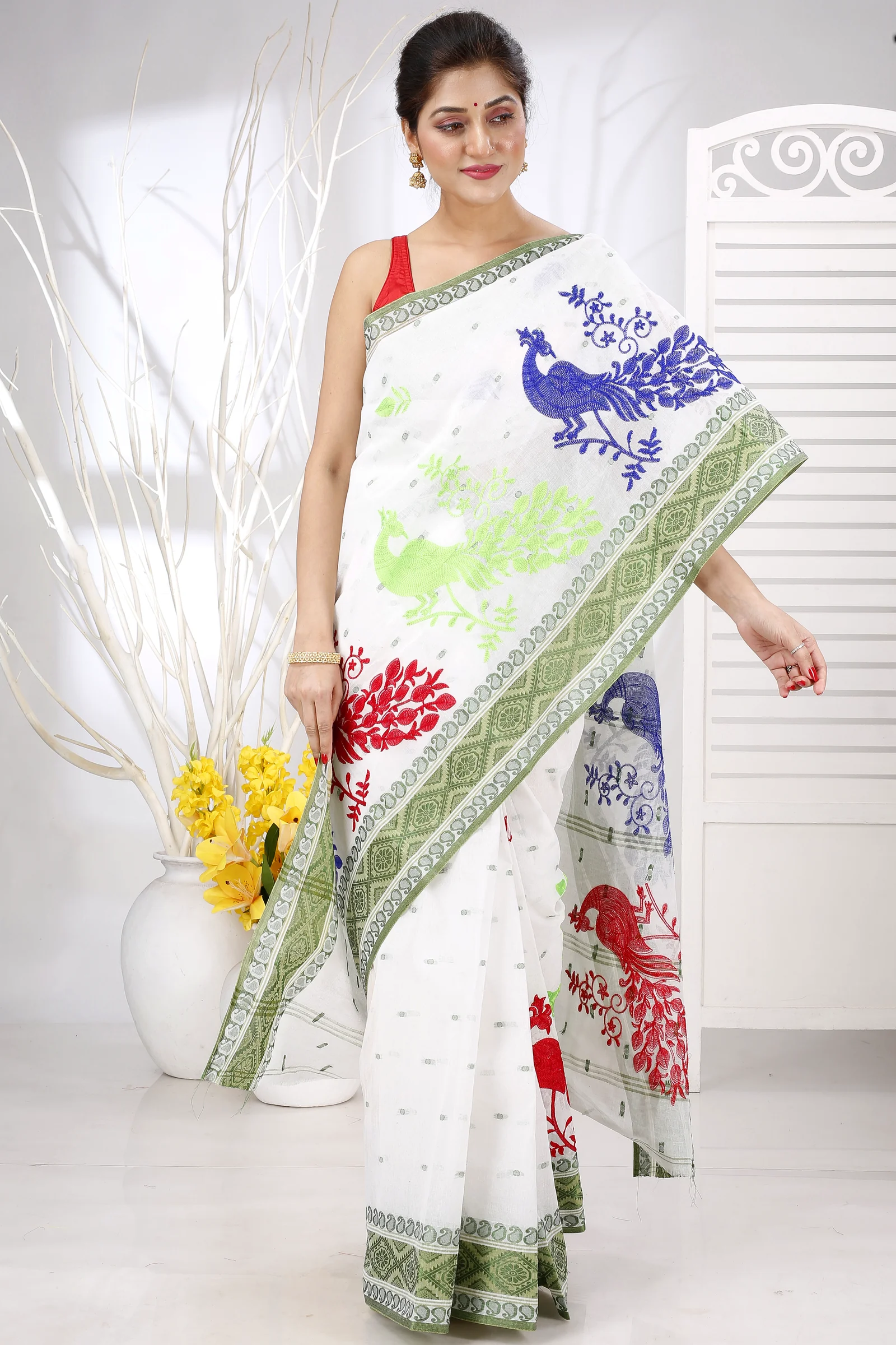 Green White Pure Cotton Embi Boysko Moyur Tant Embroidery (1456)