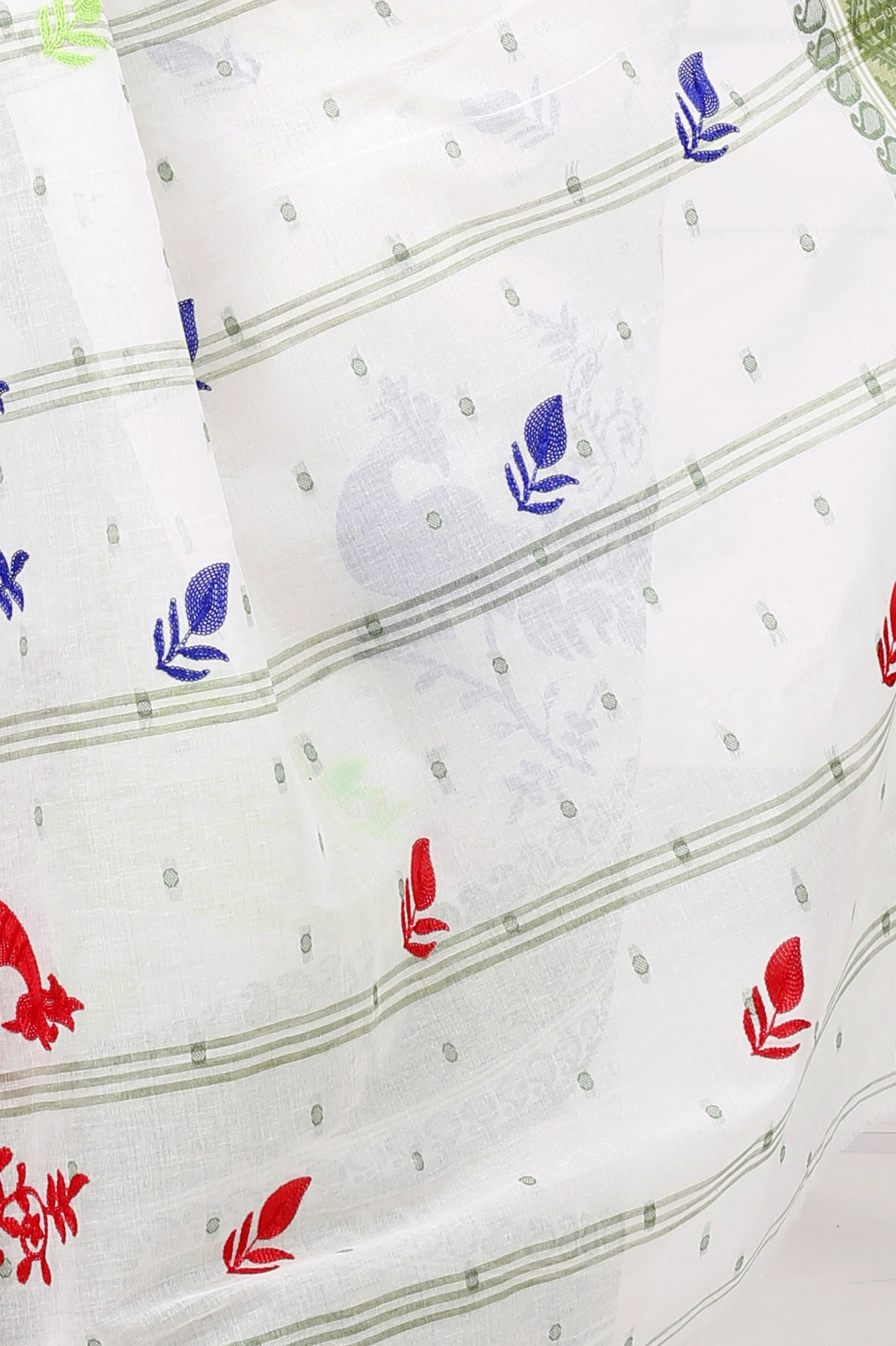 Green White Pure Cotton Embi Boysko Moyur Tant Embroidery (1456)