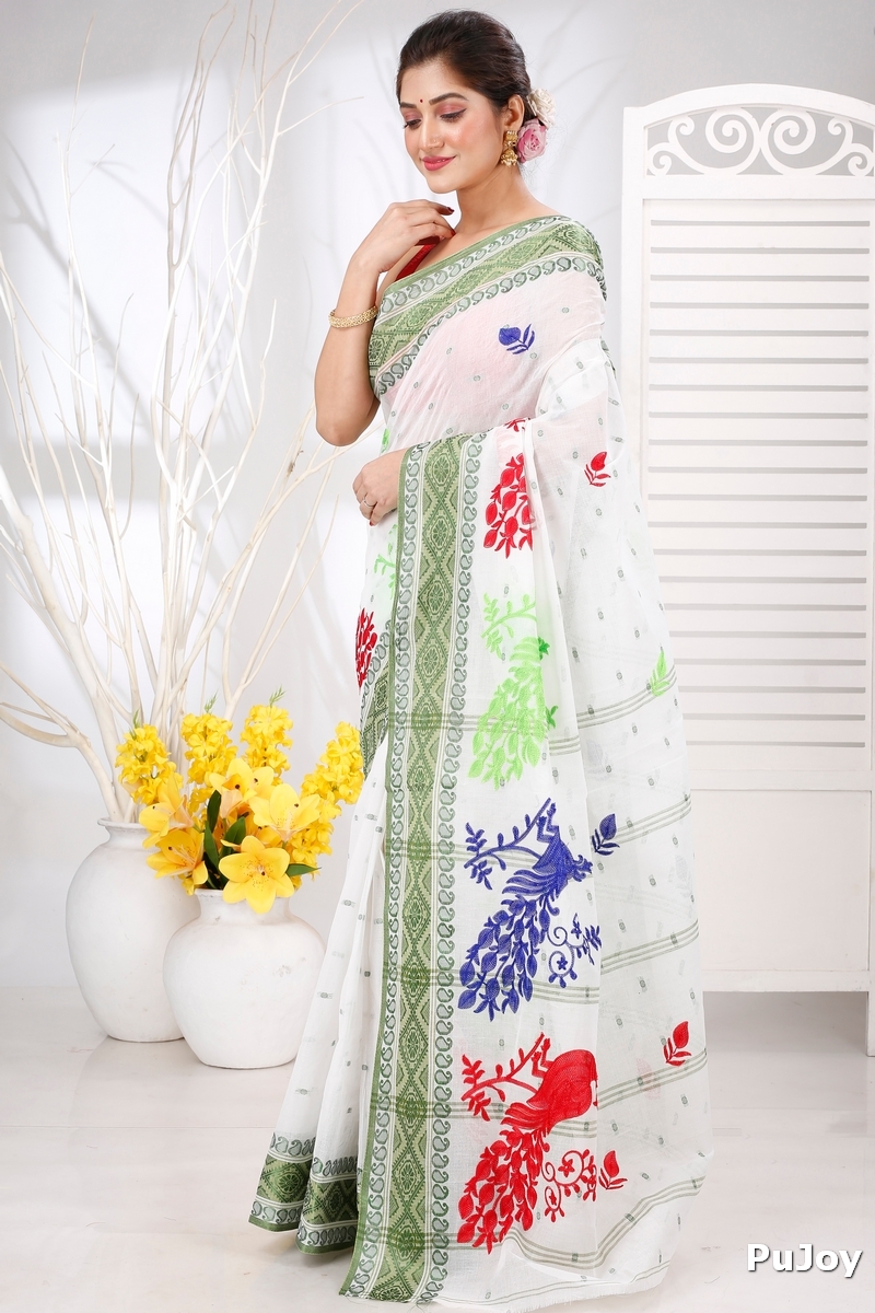 Green White Pure Cotton Embi Boysko Moyur Tant Embroidery (1456)