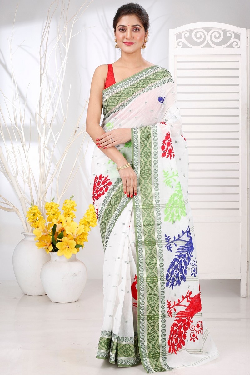 Green White Pure Cotton Embi Boysko Moyur Tant Embroidery (1456)