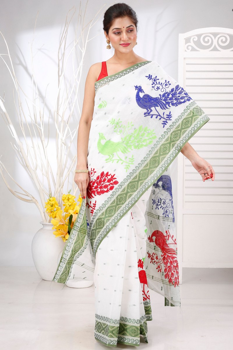 Green White Pure Cotton Embi Boysko Moyur Tant Embroidery (1456)