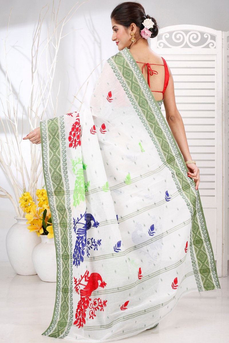 Green White Pure Cotton Embi Boysko Moyur Tant Embroidery (1456)