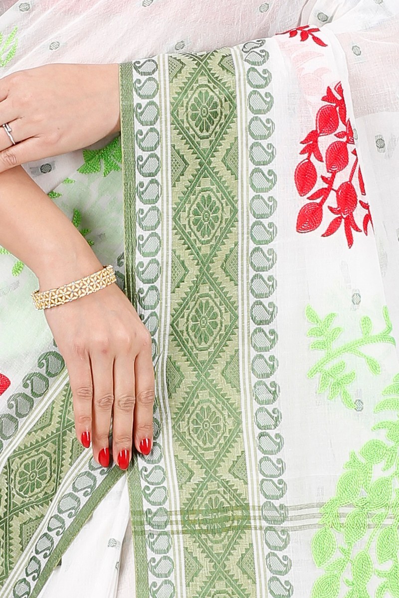 Green White Pure Cotton Embi Boysko Moyur Tant Embroidery (1456)