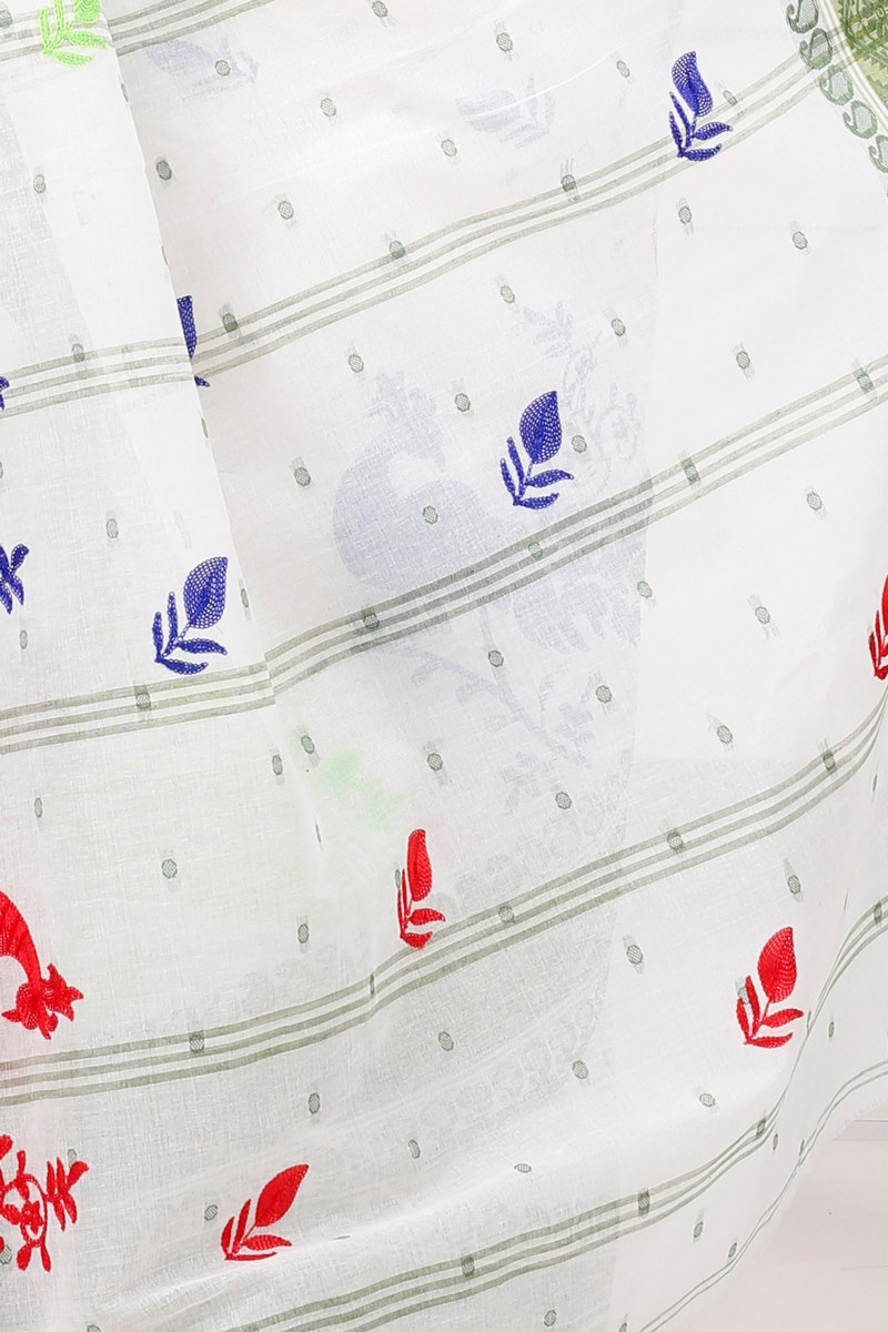 Green White Pure Cotton Embi Boysko Moyur Tant Embroidery (1456)