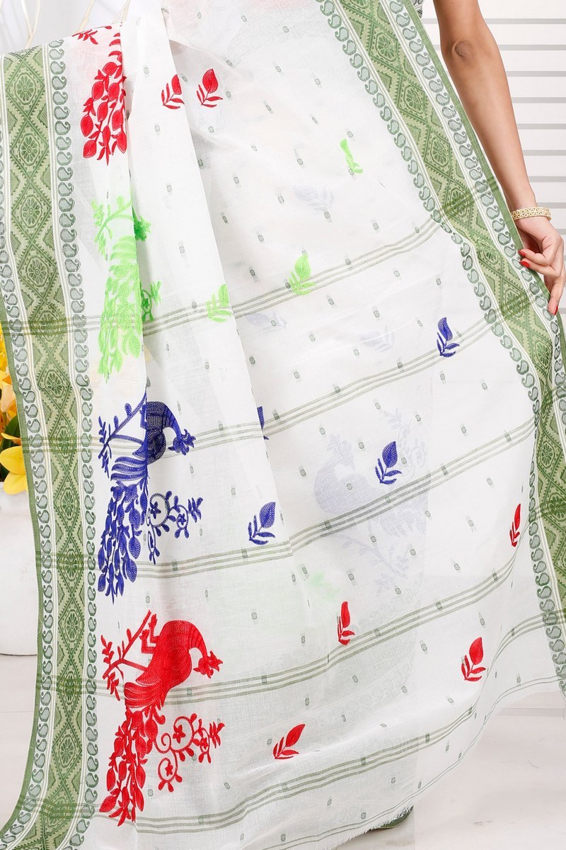 Green White Pure Cotton Embi Boysko Moyur Tant Embroidery (1456)