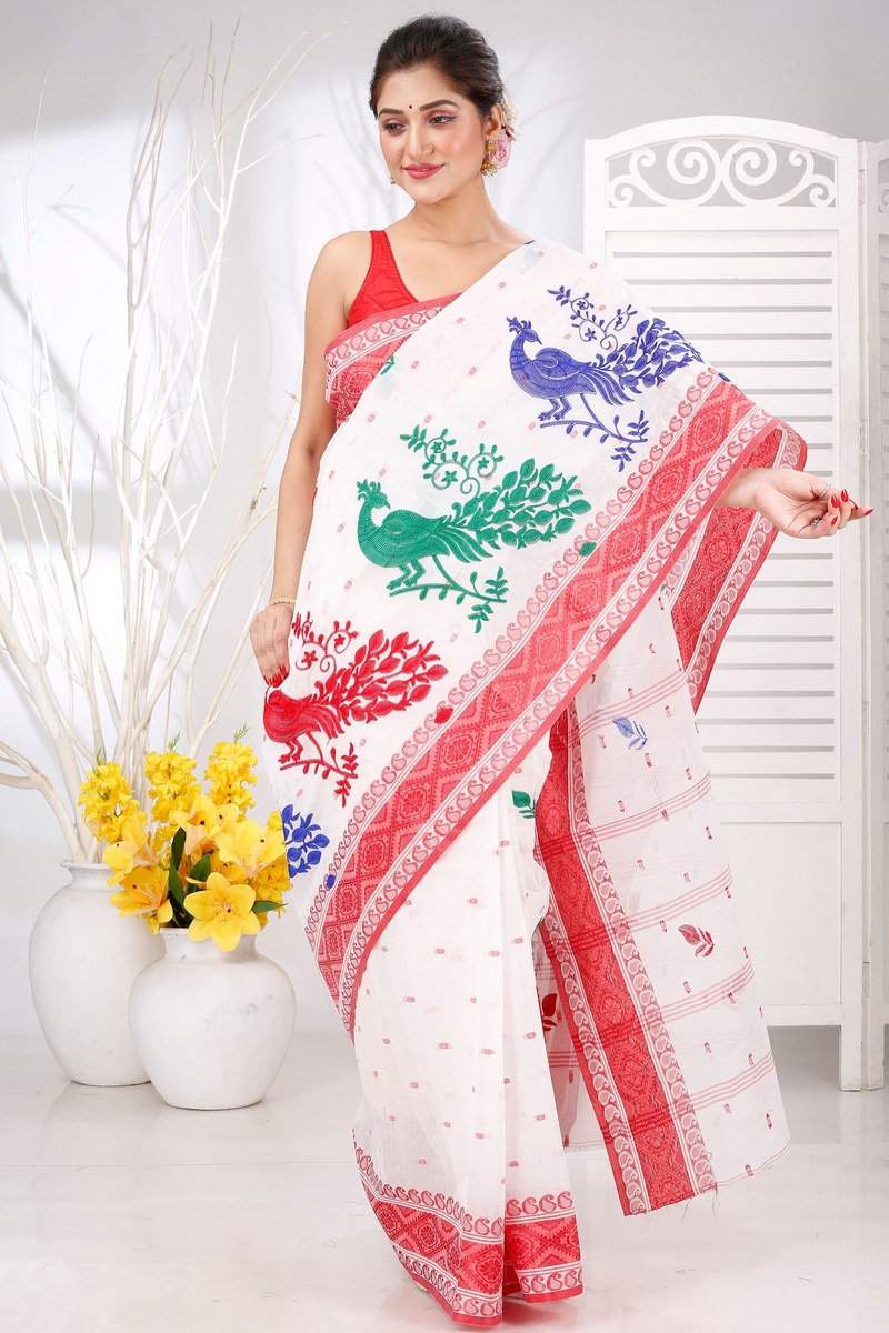 Red White Pure Cotton Embi Boysko Moyur Tant Embroidery (1457)