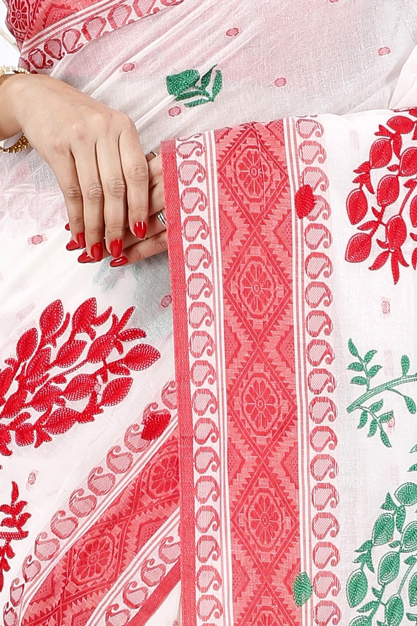 Red White Pure Cotton Embi Boysko Moyur Tant Embroidery (1457)