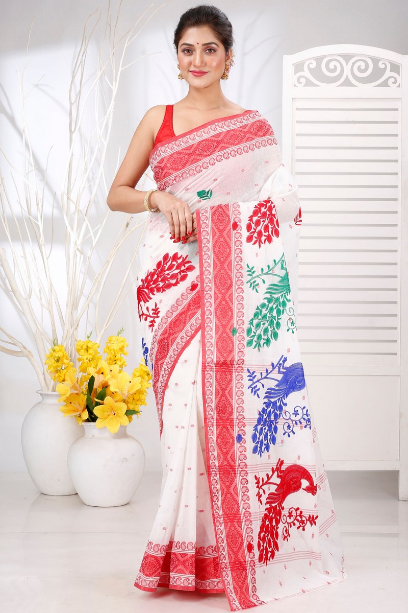 Red White Pure Cotton Embi Boysko Moyur Tant Embroidery (1457)