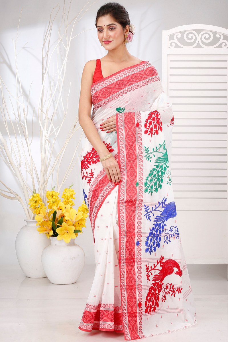 Red White Pure Cotton Embi Boysko Moyur Tant Embroidery (1457)