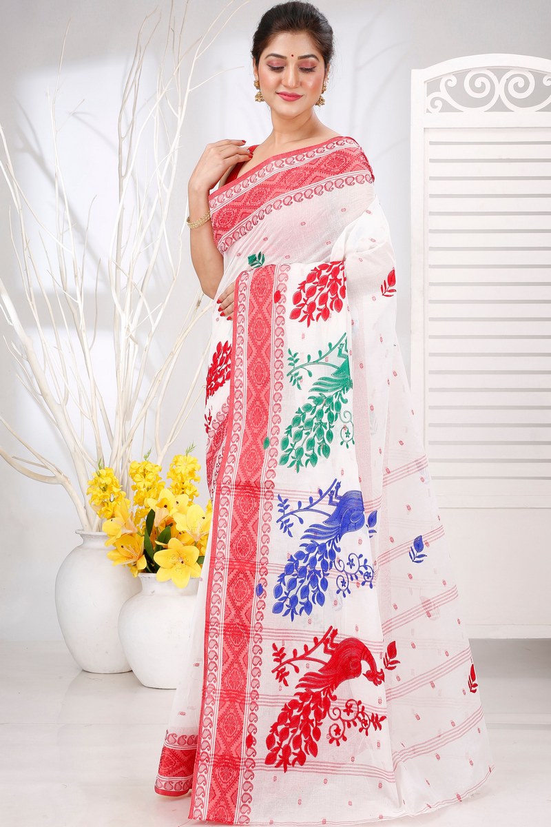 Red White Pure Cotton Embi Boysko Moyur Tant Embroidery (1457)