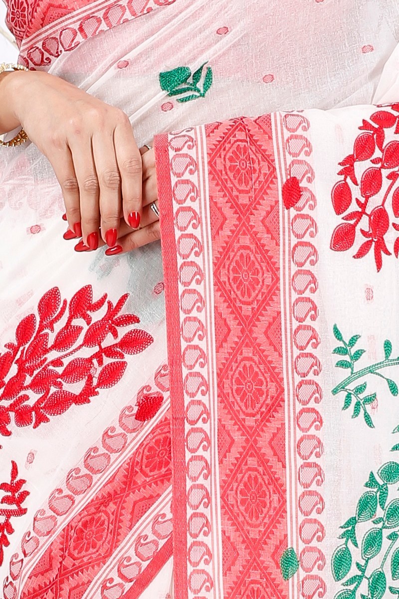 Red White Pure Cotton Embi Boysko Moyur Tant Embroidery (1457)
