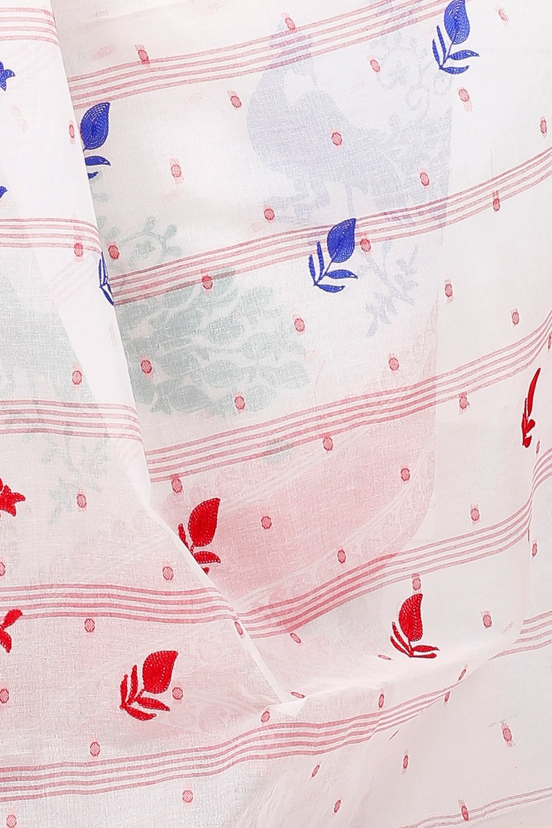 Red White Pure Cotton Embi Boysko Moyur Tant Embroidery (1457)