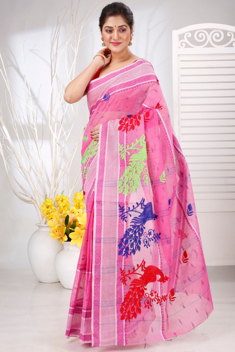 Pink Pure Cotton Embi Debdash Moyur Tant Embroidery (1458)