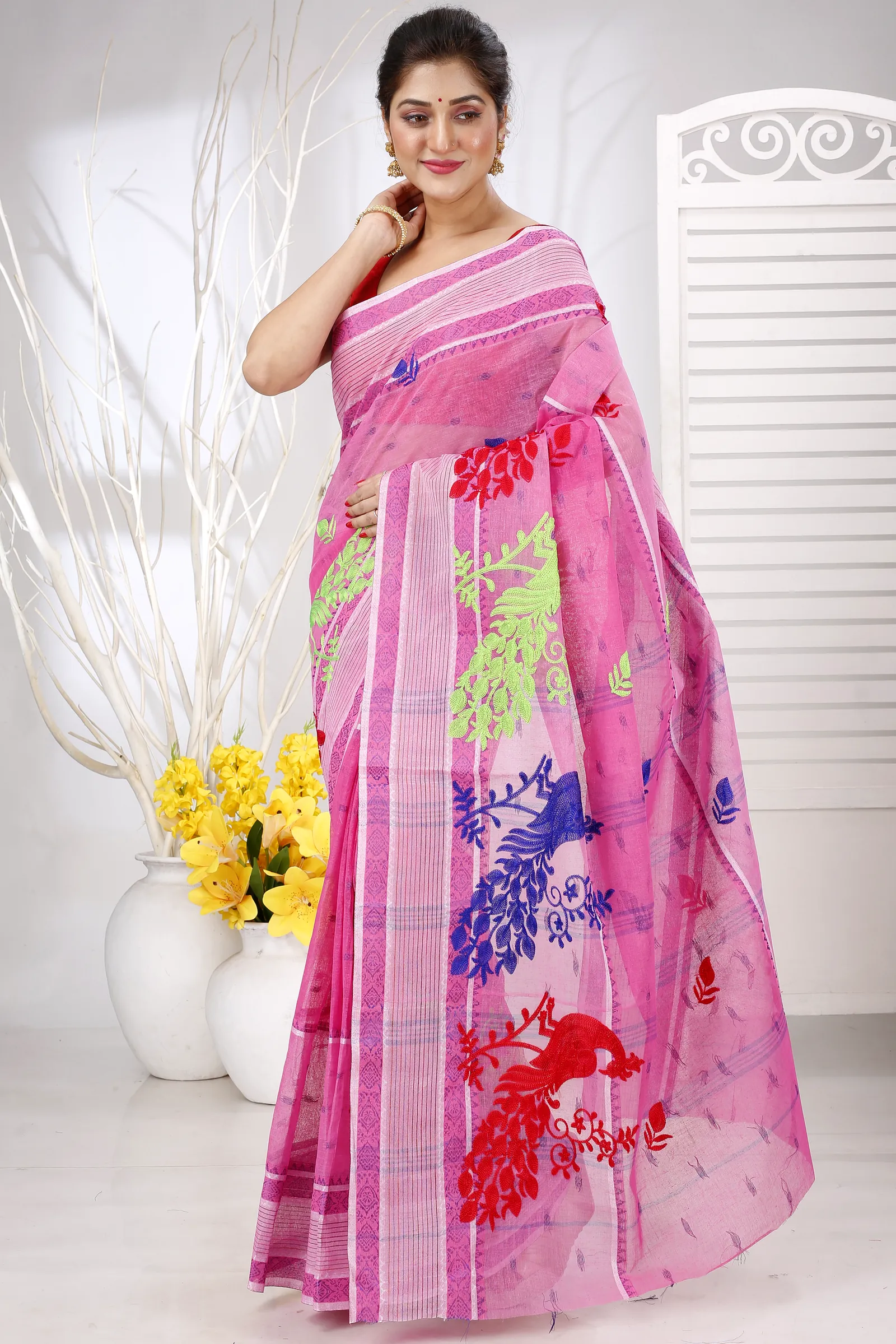 Pink Pure Cotton Embi Debdash Moyur Tant Embroidery (1458)