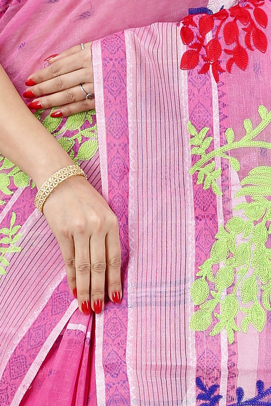 Pink Pure Cotton Embi Debdash Moyur Tant Embroidery (1458)