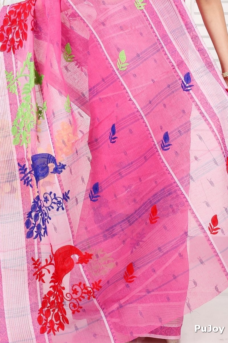 Pink Pure Cotton Embi Debdash Moyur Tant Embroidery (1458)