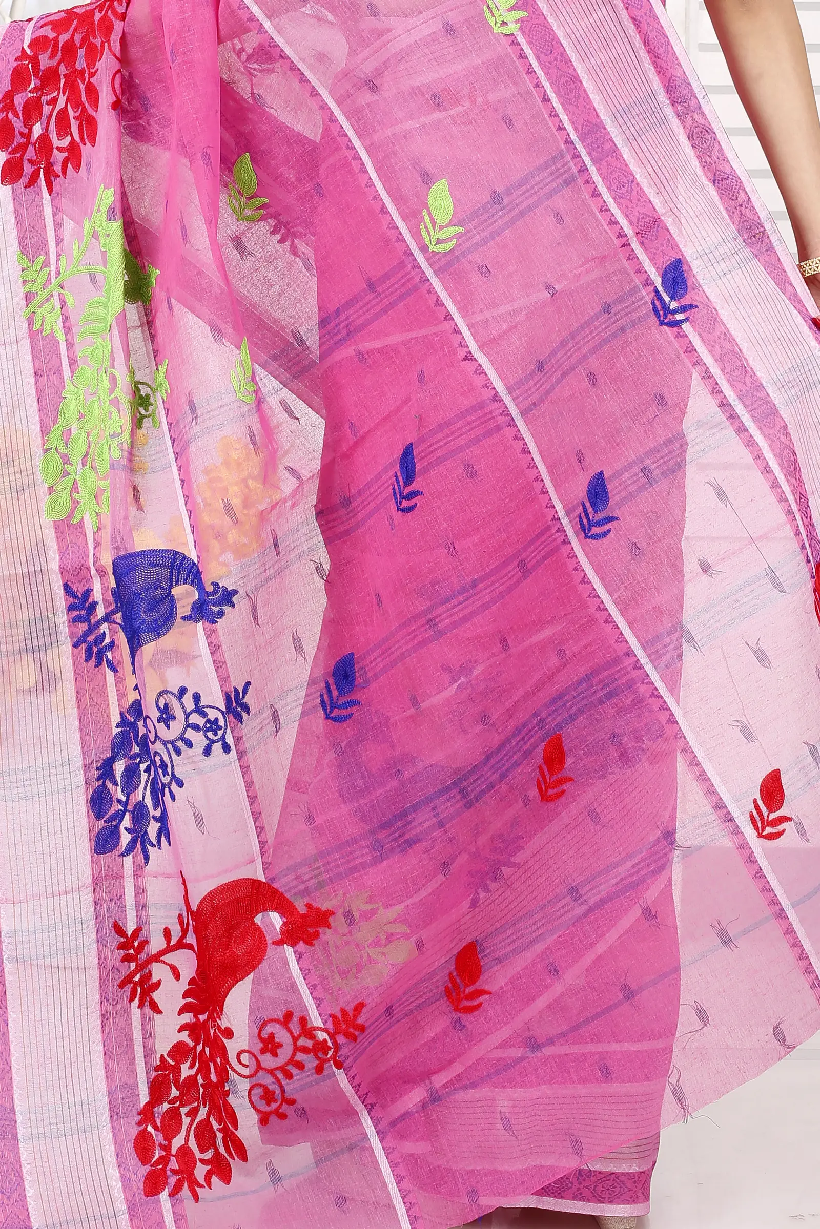 Pink Pure Cotton Embi Debdash Moyur Tant Embroidery (1458)