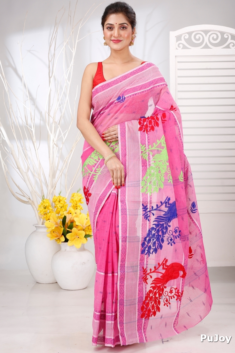 Pink Pure Cotton Embi Debdash Moyur Tant Embroidery (1458)