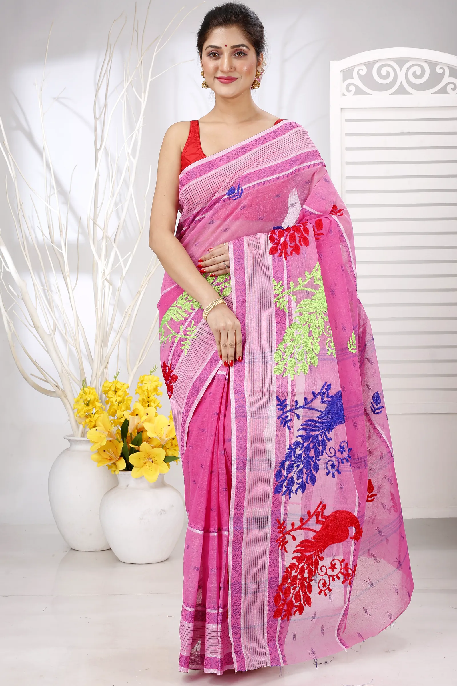 Pink Pure Cotton Embi Debdash Moyur Tant Embroidery (1458)