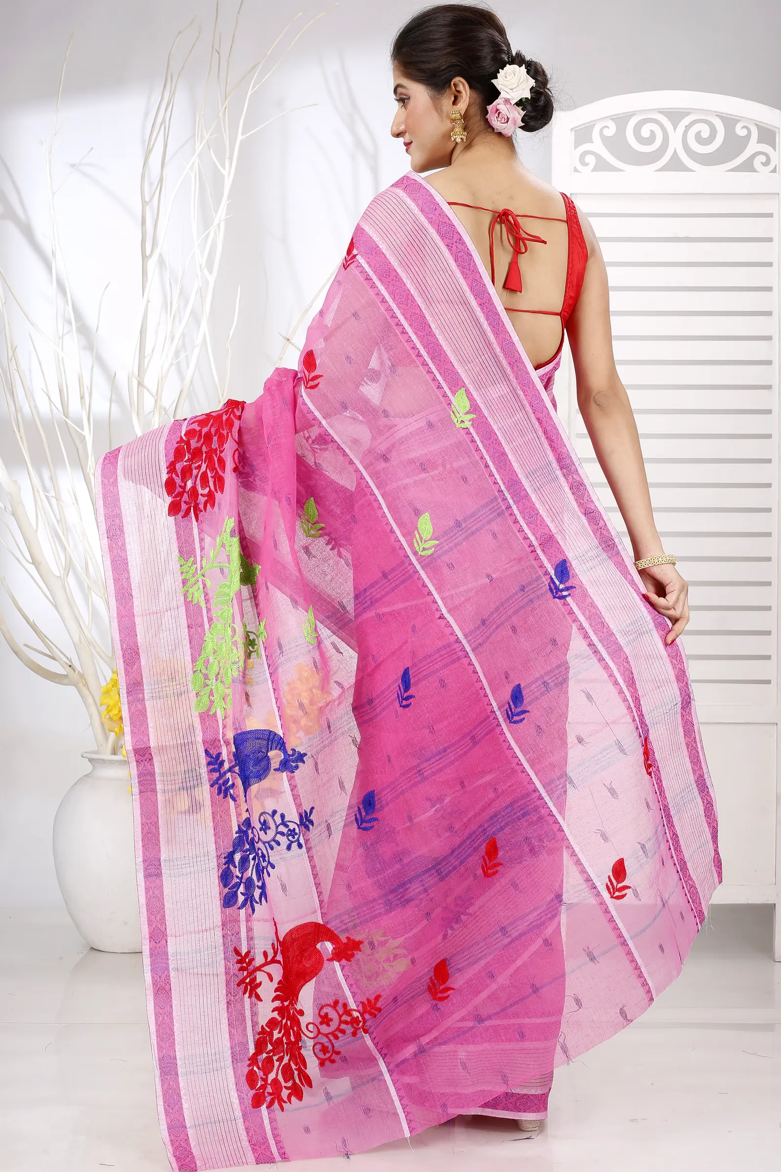 Pink Pure Cotton Embi Debdash Moyur Tant Embroidery (1458)