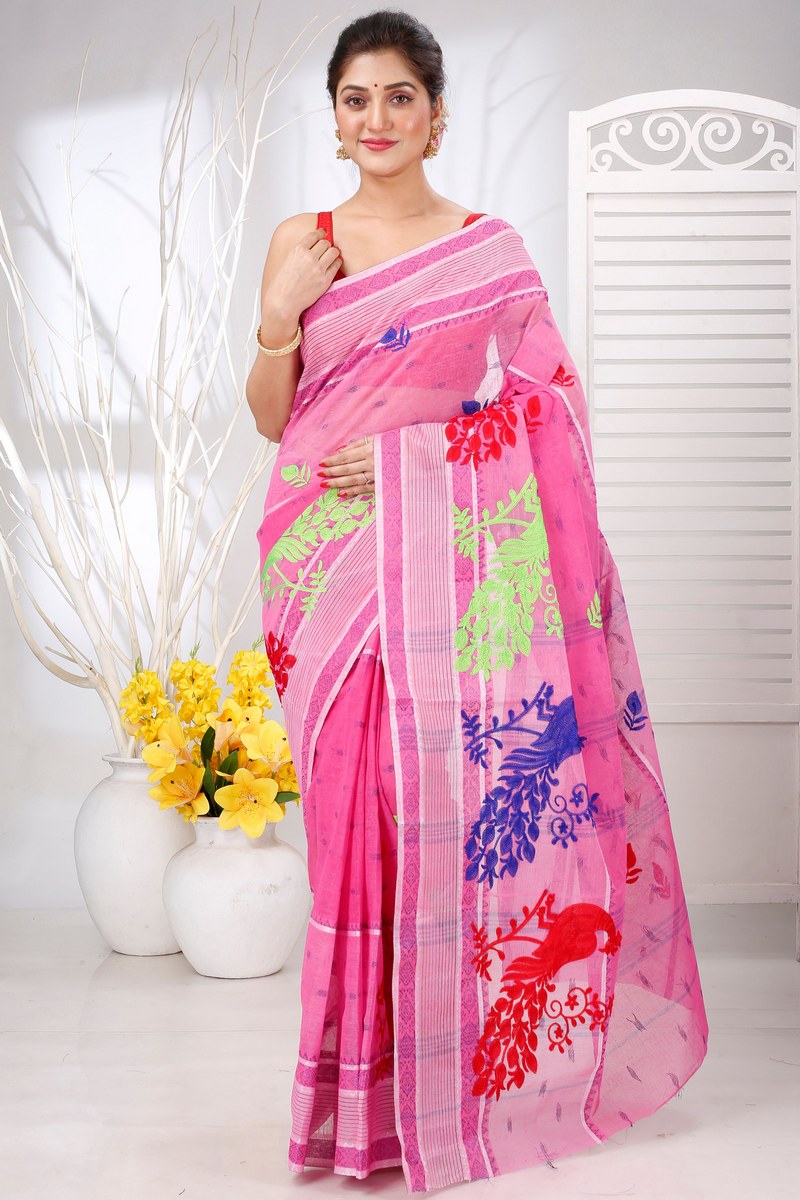Pink Pure Cotton Embi Debdash Moyur Tant Embroidery (1458)
