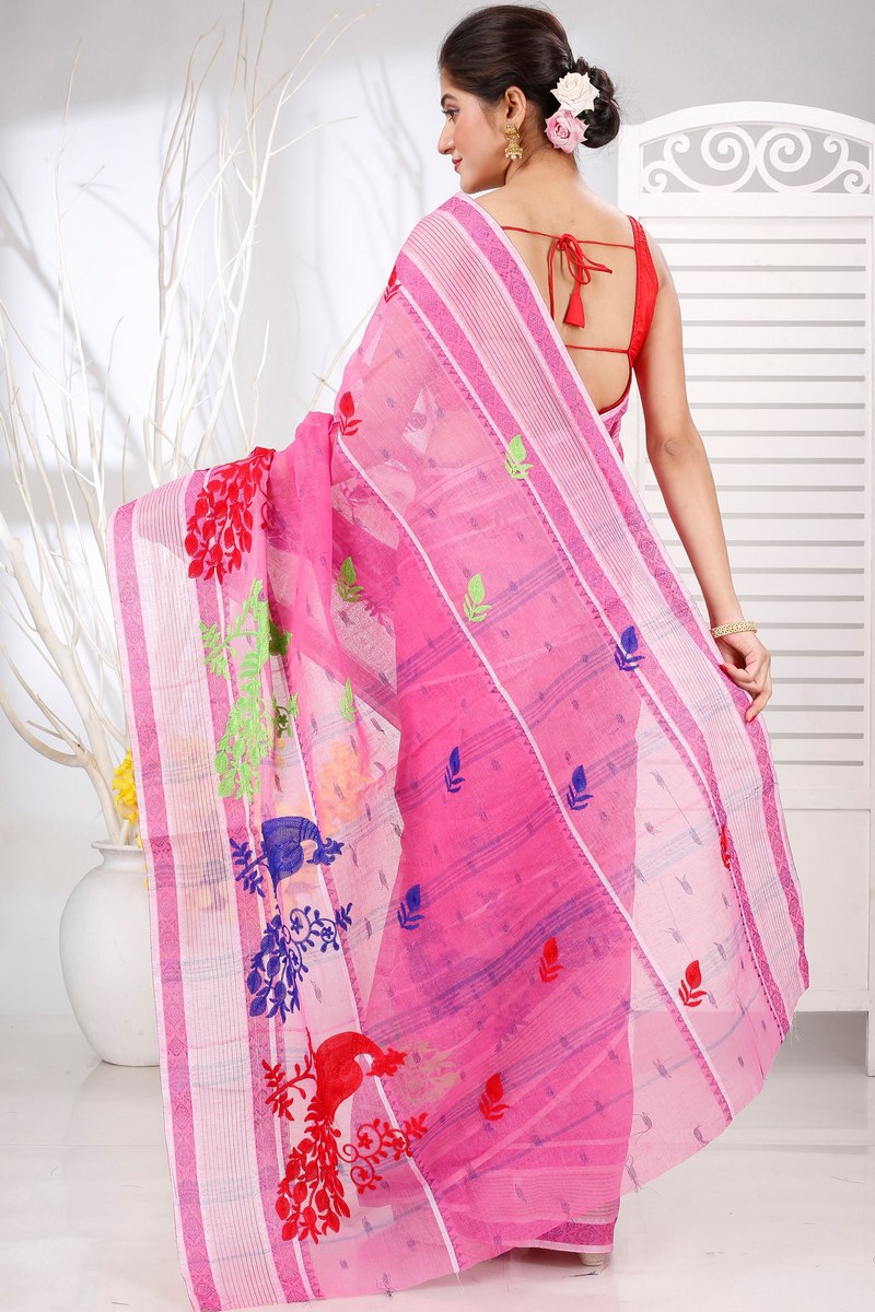 Pink Pure Cotton Embi Debdash Moyur Tant Embroidery (1458)