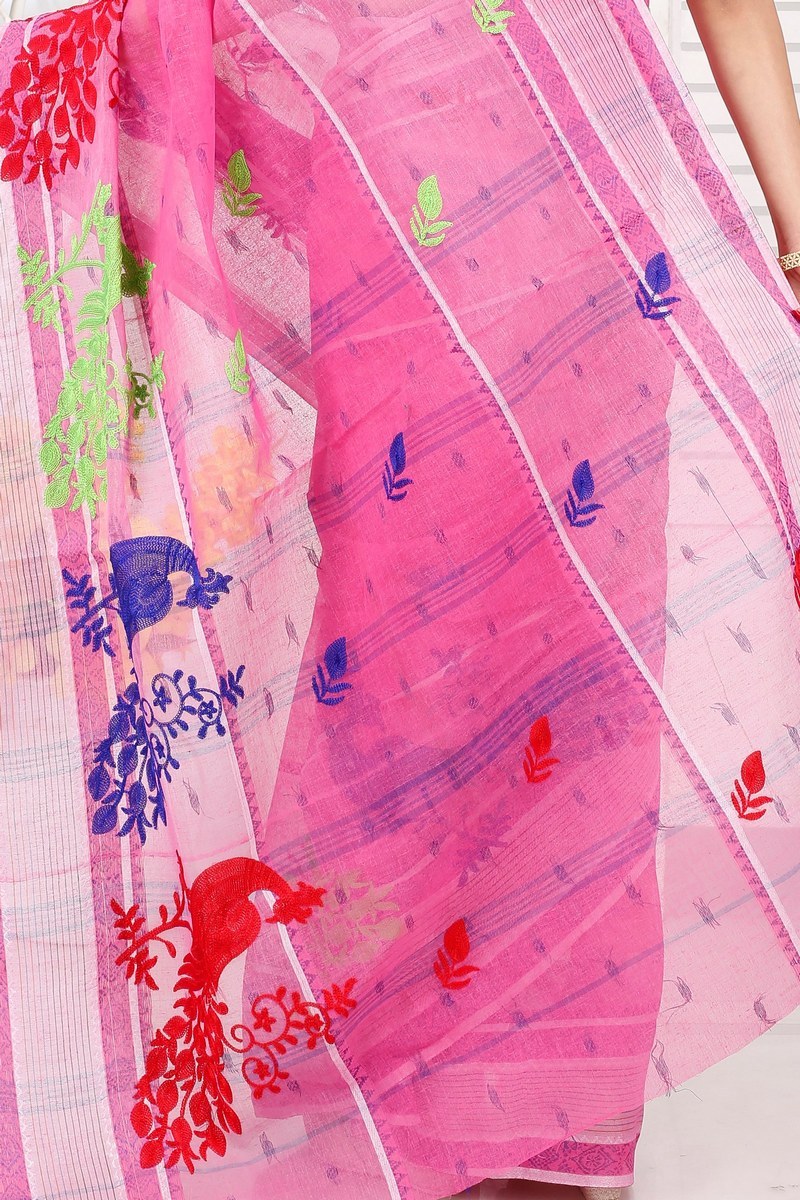 Pink Pure Cotton Embi Debdash Moyur Tant Embroidery (1458)