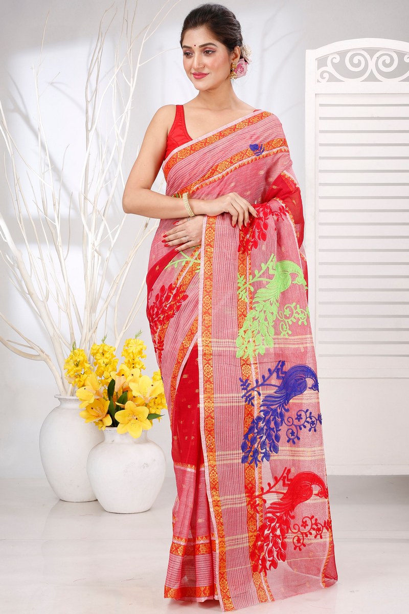 Red Pure Cotton Embi Debdash Moyur Tant Embroidery (1459)