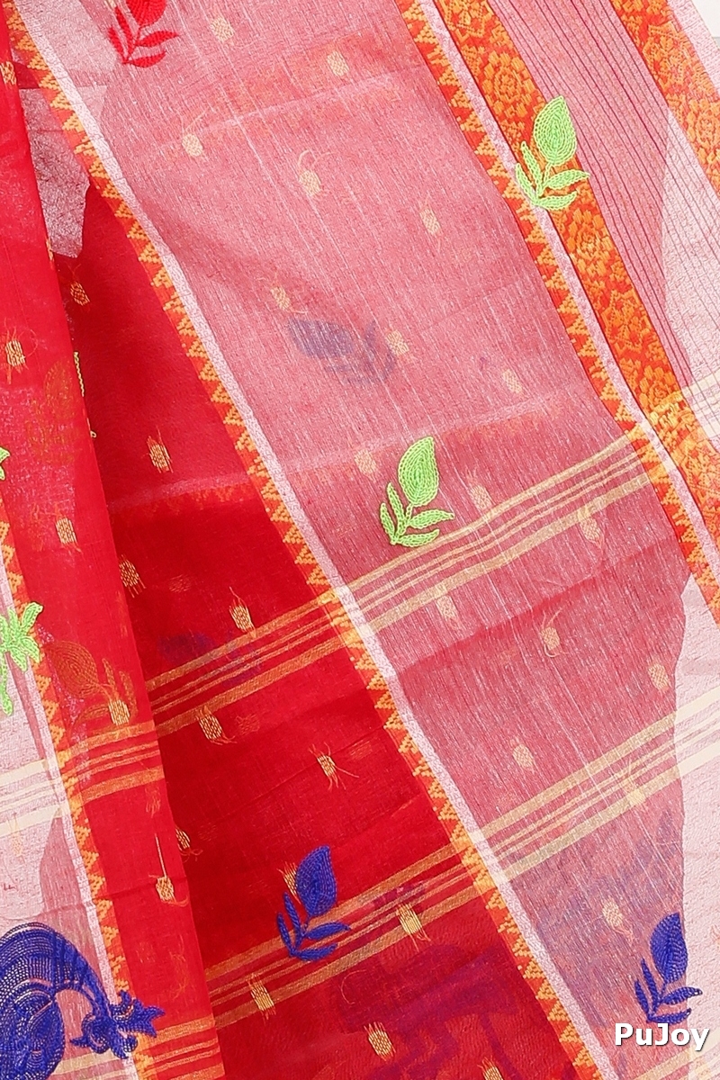 Red Pure Cotton Embi Debdash Moyur Tant Embroidery (1459)
