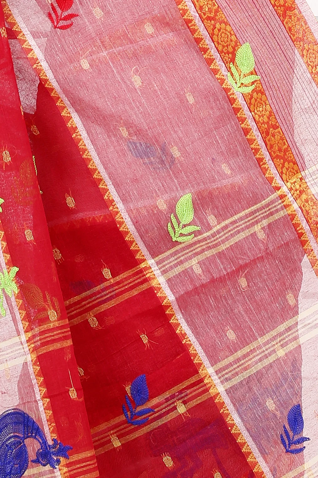 Red Pure Cotton Embi Debdash Moyur Tant Embroidery (1459)