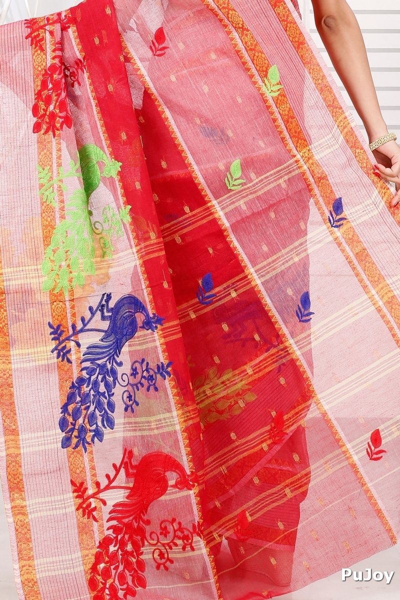 Red Pure Cotton Embi Debdash Moyur Tant Embroidery (1459)